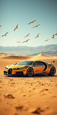 A gold sports car sits in the desert