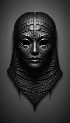 A detailed, black mask with intricate designs