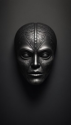 Intricate black mask rests on a dark backdrop