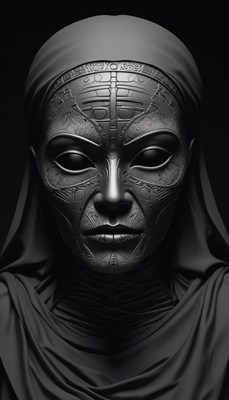 A woman with an intricate mask stares into the camera
