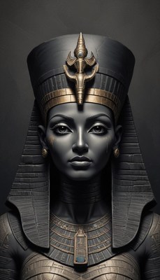 A bust of an egyptian queen wearing a traditional headdress