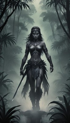 A warrior woman walks through a misty jungle