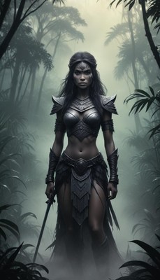 A warrior woman stands in a misty forest