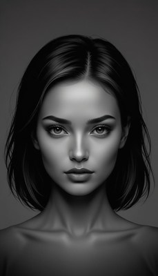 A woman with short dark hair stares directly at the camera