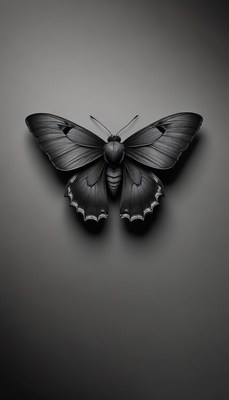 A black butterfly sits on a gray surface