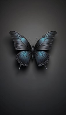 A black butterfly sits on a gray background