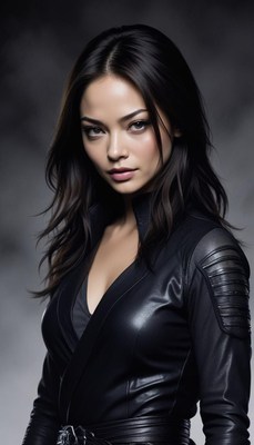 A woman with long black hair stares intensely at the camera