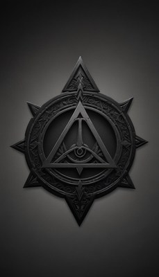 Ornate black symbol with triangle and eye on gray wall