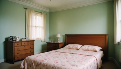 A bedroom with a bed, dresser, and a lamp