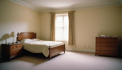 Sunlit bedroom with bed, two nightstands, dresser