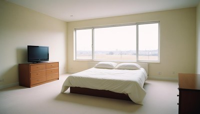 A bedroom with a large window and a bed