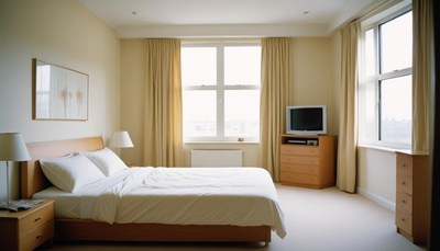 White bed with tan sheets in a bright bedroom