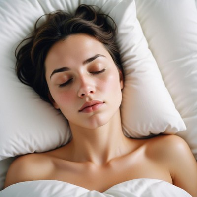 A woman sleeps peacefully on a white pillow