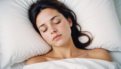 A woman sleeps peacefully on a white pillow