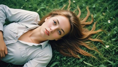 A woman lies on the grass with her eyes open