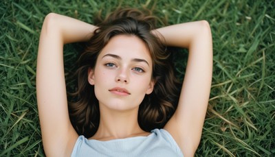 A woman relaxes in the grass on a sunny day