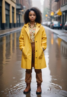 A young woman stands in a city street after a rain shower