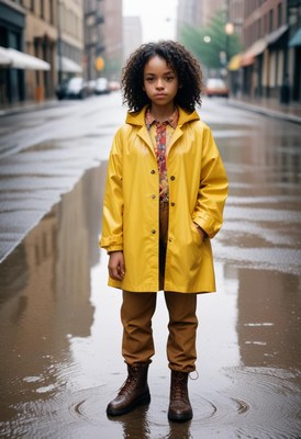 A girl stands in the street after the rain