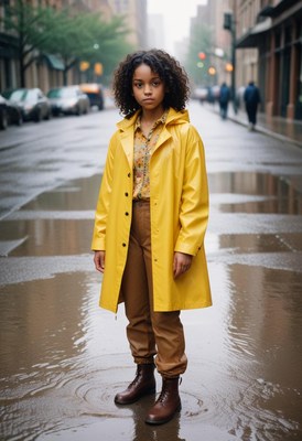 A young woman stands in a puddle on a city street