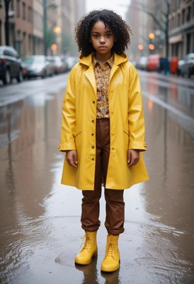A girl stands in a yellow raincoat on a rainy city street