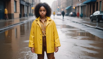 A young woman stands in a city street after a rain shower