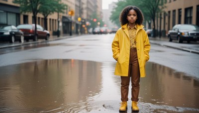 A girl stands in a puddle on a rainy city street