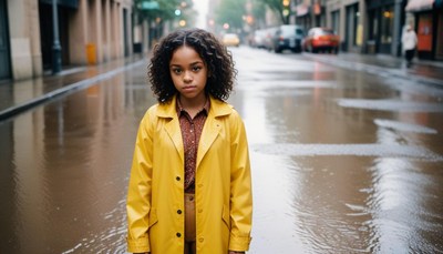 A woman in a yellow raincoat stands on a wet city street