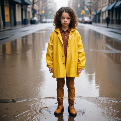 A girl stands in a puddle on a rainy city street