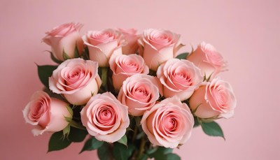 A bouquet of pink roses against a pink background