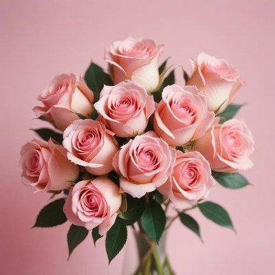 A bouquet of pink roses sits on a pink background