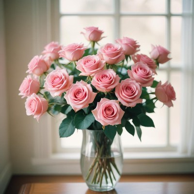Pink roses in a vase by a window