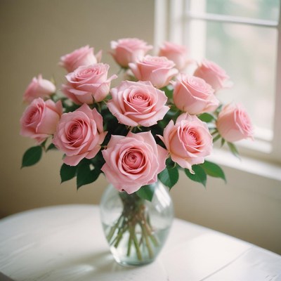 A bouquet of pink roses sits on a table next to a window