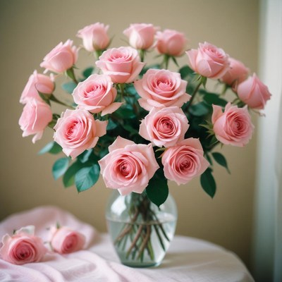 A bouquet of pink roses sits in a vase on a table