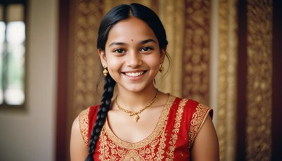 A young girl smiles in a red dress