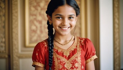 A young girl smiles while wearing traditional clothing