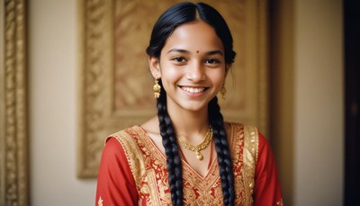 A young woman smiles in a red and gold outfit