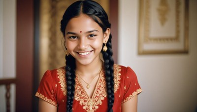 A young girl smiles in a red dress