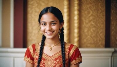A young girl smiles in a red dress