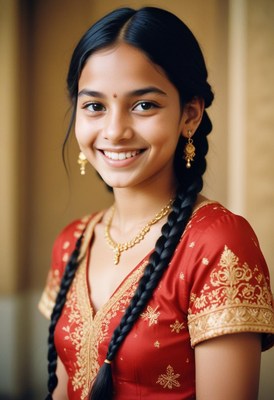 A young woman smiles in a red dress