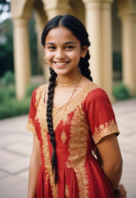 A young woman smiles in a red dress