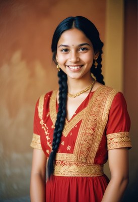 A woman in a red dress smiles while standing in a room