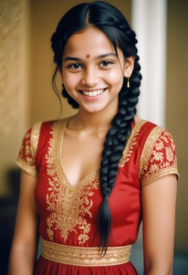 A young woman smiles in a red dress