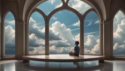 A boy gazes at clouds from a ledge