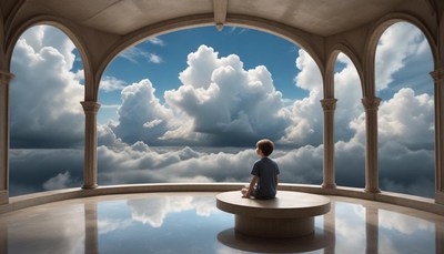 A boy sits on a platform, looking out at the clouds