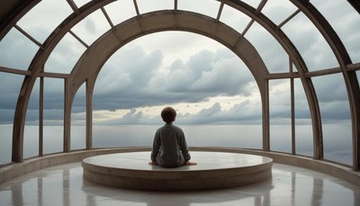 Someone meditates by a large ocean-view window