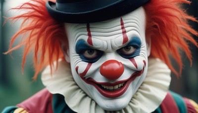 A scary clown smiles menacingly