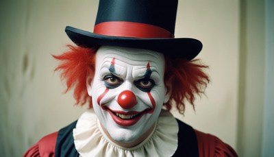 A clown with red hair and a top hat smiles