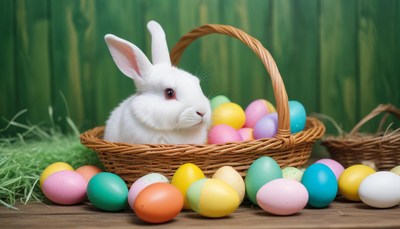 A white bunny sits in a basket of easter eggs