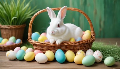 A white bunny sits in a basket of easter eggs
