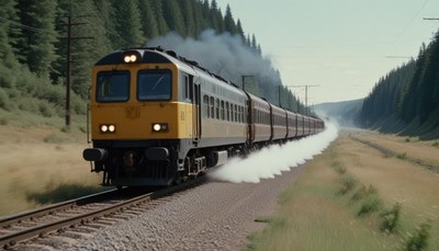 A train travels through a forest on a sunny day